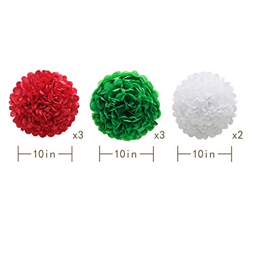 14pcs Red White Green Hanging Paper Pom Poms and Fans Set for Christmas Birthday Wedding