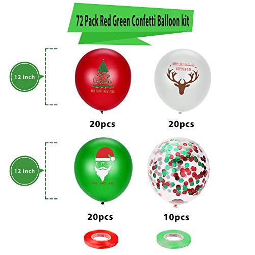 72pcs Christmas Balloons Red Green Confetti Balloons Kit for Christmas Holiday