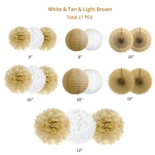 17pcs Rustic Paper Pom Poms Paper Fans Lanterns for Bridal Baby Shower Birthday Wedding