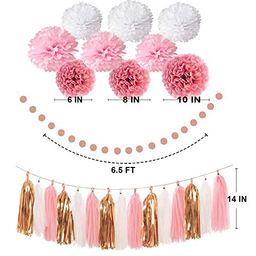 Pink Rose Gold Birthday Party Pom Pom Decorations Set