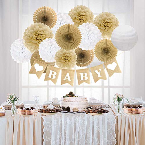 17pcs Rustic Paper Pom Poms Paper Fans Lanterns for Bridal Baby Shower Birthday Wedding