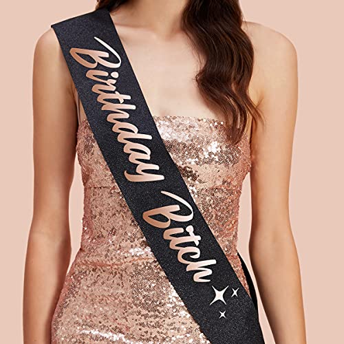 xo, Fetti Birthday Sash for Women - Black Glitter + Rose Gold Foil | Birthday Decorations - 21st, 30th, Birthday Girl