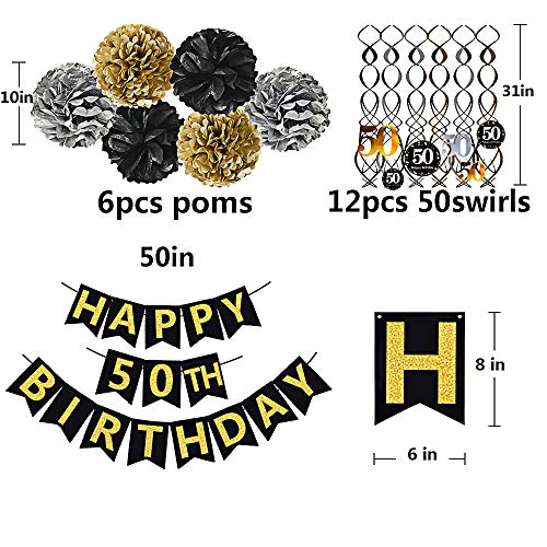 Black & Gold Glittery Happy 50th Birthday Banner