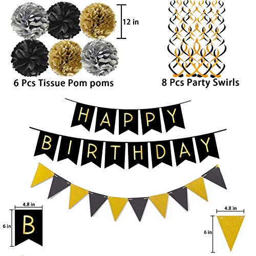 Black Happy Birthday Banner with Black Gold Paper Flag Bunting for Birthday Party Decorations