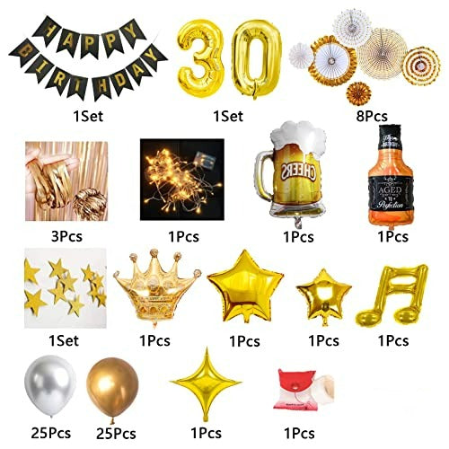 30th Birthday Party Supplies Set With String Light and Gold Backdrop