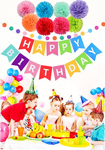 Birthday Decorations Banner with Tissue Pom Poms for Rainbow Birthday Party