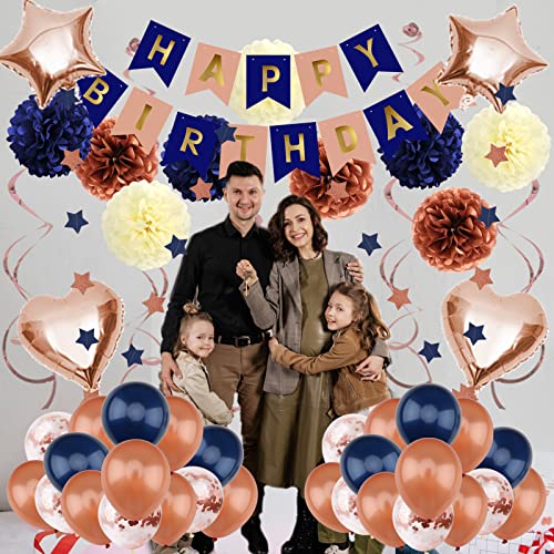 Navy Blue Rose Gold Birthday Party Decorations with Happy Birthday Banner Paper Pom Poms Balloons