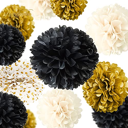 12 PCS Black Gold White Tissue Paper Pom Poms for Wedding Birthday Bridal Shower Decorations