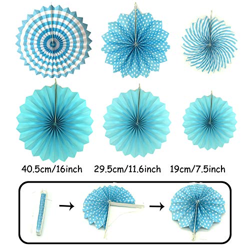 21Pcs Blue Hanging Paper Fans Pom Poms Flowers for Birthday Parties