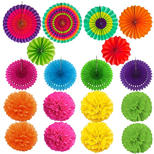 21Pcs Multi-color Hanging Paper Fans, Pom Poms Flowers for Wedding Décor, Fiesta or Mexican Party