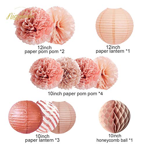 12PCS Rose Gold Tissue Pom Poms Paper Lantern for Wedding Bridal Shower Baby Shower Birthday Party Decorations
