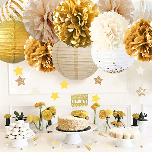 12PCS Gold White Tissue Pom Poms for Vintage Wedding Bridal Shower Baby Shower Backdrop