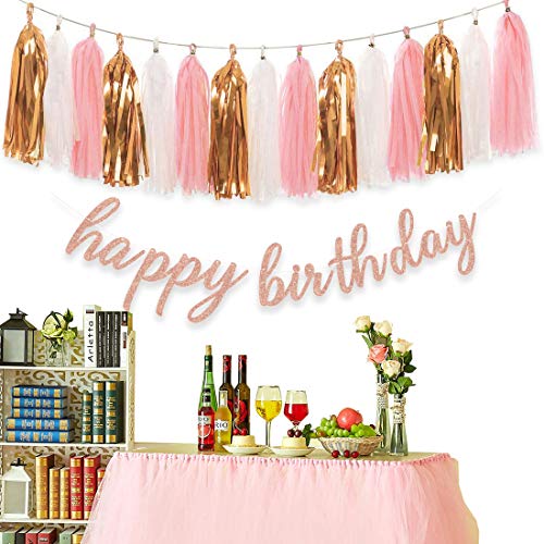 Rose Gold Birthday Party Decorations with Happy Birthday Banner and Tissue Pom Poms