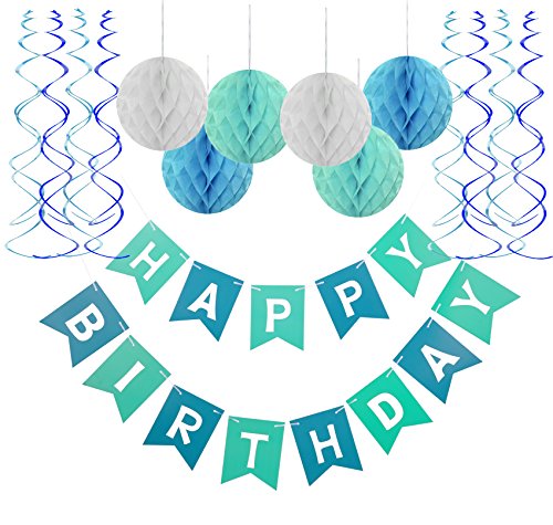 Blue Happy Birthday Banner Honeycomb balls Swirls Streamers for Birthday Decorations
