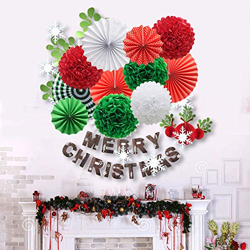 14pcs Red White Green Hanging Paper Pom Poms and Fans Set for Christmas Birthday Wedding