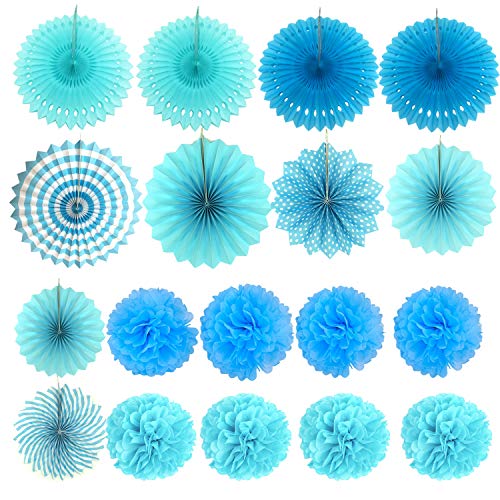 21Pcs Blue Hanging Paper Fans Pom Poms Flowers for Birthday Parties