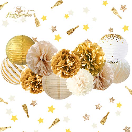 12PCS Gold White Tissue Pom Poms for Vintage Wedding Bridal Shower Baby Shower Backdrop