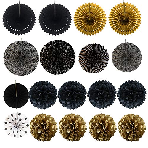 21Pcs Black and Gold Hanging Paper Pom Poms Flowers for Birthday Parties Wedding Décor