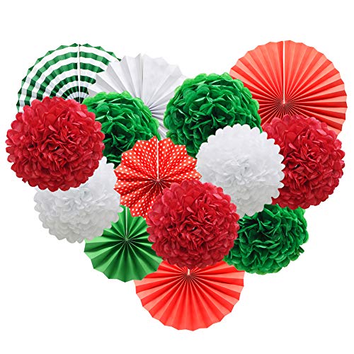 14pcs Red White Green Hanging Paper Pom Poms and Fans Set for Christmas Birthday Wedding