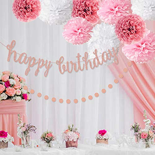 Pink Rose Gold Birthday Party Pom Pom Decorations Set