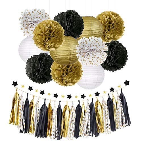 Black and Gold Party Decorations Black Gold Tissue Paper Pom Poms for Graduation Birthday Party Decorations