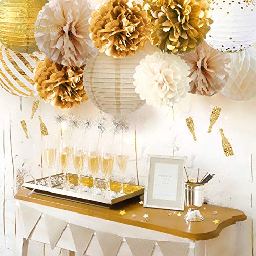 12PCS Gold White Tissue Pom Poms for Vintage Wedding Bridal Shower Baby Shower Backdrop