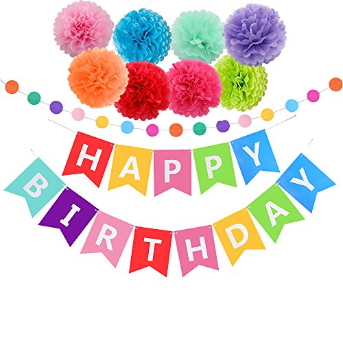 Birthday Decorations Banner with Tissue Pom Poms for Rainbow Birthday Party