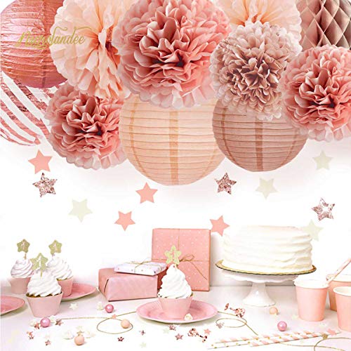 12PCS Rose Gold Tissue Pom Poms Paper Lantern for Wedding Bridal Shower Baby Shower Birthday Party Decorations