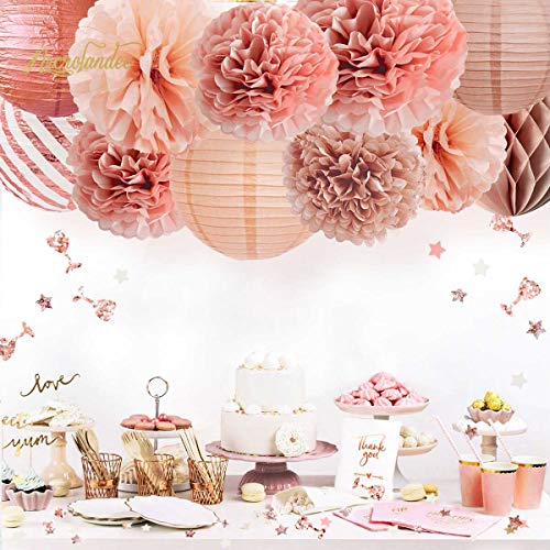 12PCS Rose Gold Tissue Pom Poms Paper Lantern for Wedding Bridal Shower Baby Shower Birthday Party Decorations