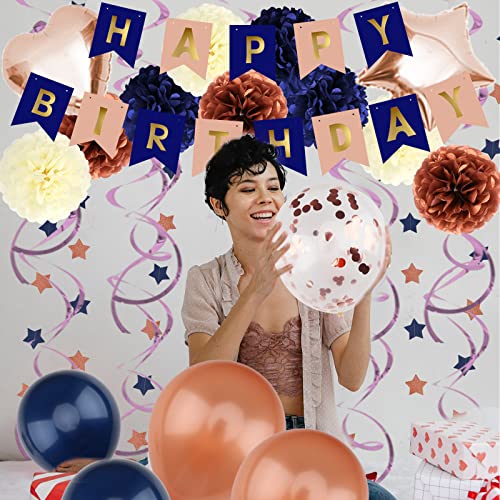 Navy Blue Rose Gold Birthday Party Decorations with Happy Birthday Banner Paper Pom Poms Balloons