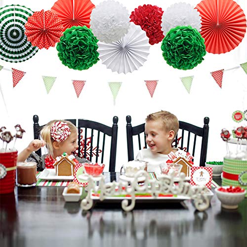 14pcs Red White Green Hanging Paper Pom Poms and Fans Set for Christmas Birthday Wedding