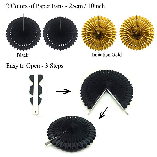 21Pcs Black and Gold Hanging Paper Pom Poms Flowers for Birthday Parties Wedding Décor