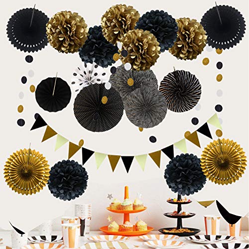 21Pcs Black and Gold Hanging Paper Pom Poms Flowers for Birthday Parties Wedding Décor