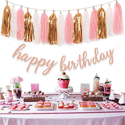 Rose Gold Birthday Party Decorations with Happy Birthday Banner and Tissue Pom Poms