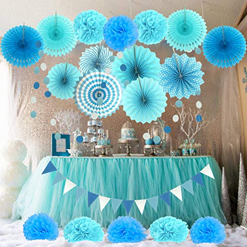 21Pcs Blue Hanging Paper Fans Pom Poms Flowers for Birthday Parties