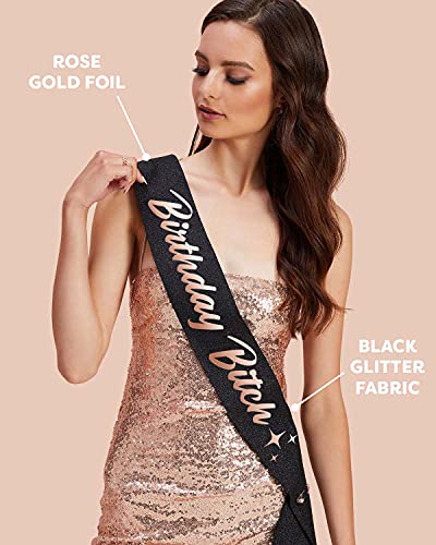 xo, Fetti Birthday Sash for Women - Black Glitter + Rose Gold Foil | Birthday Decorations - 21st, 30th, Birthday Girl