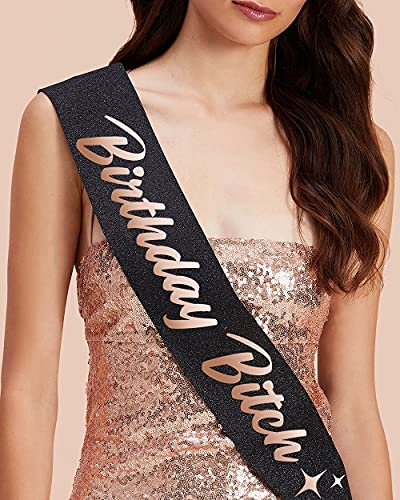 xo, Fetti Birthday Sash for Women - Black Glitter + Rose Gold Foil | Birthday Decorations - 21st, 30th, Birthday Girl