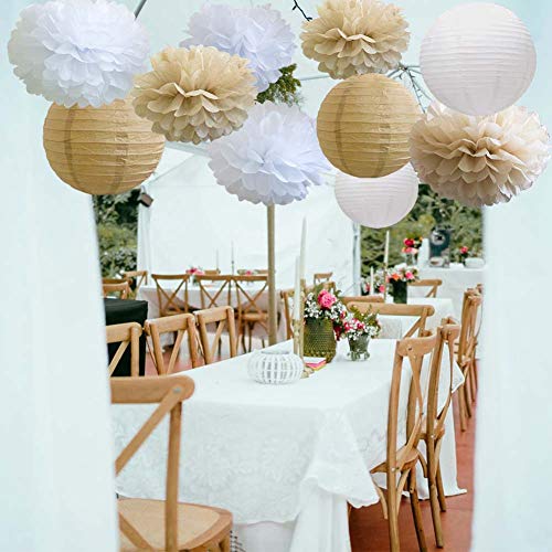 17pcs Rustic Paper Pom Poms Paper Fans Lanterns for Bridal Baby Shower Birthday Wedding