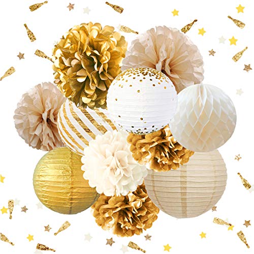 12PCS Gold White Tissue Pom Poms for Vintage Wedding Bridal Shower Baby Shower Backdrop