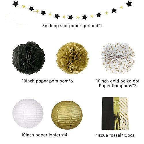 Black and Gold Party Decorations Black Gold Tissue Paper Pom Poms for Graduation Birthday Party Decorations
