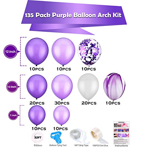 135 Pieces Purple Balloon Arch for Wedding Birthday Graduation Party Decorations