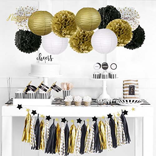 Black and Gold Party Decorations Black Gold Tissue Paper Pom Poms for Graduation Birthday Party Decorations