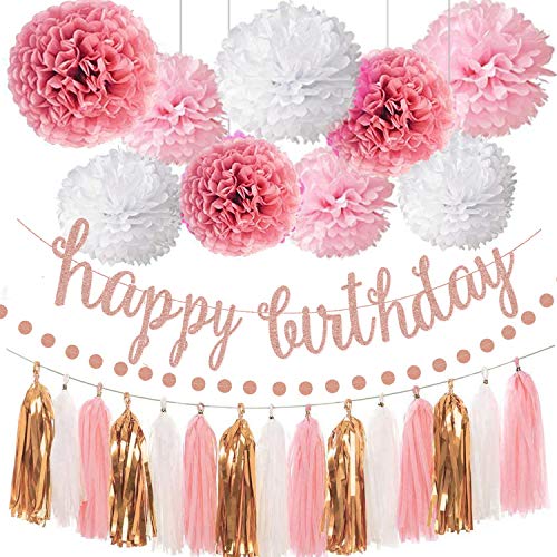 Pink Rose Gold Birthday Party Pom Pom Decorations Set