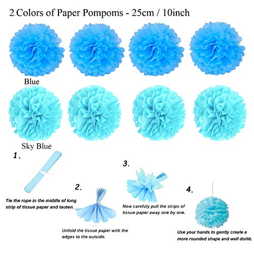 21Pcs Blue Hanging Paper Fans Pom Poms Flowers for Birthday Parties