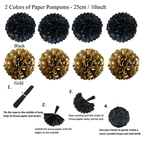 21Pcs Black and Gold Hanging Paper Pom Poms Flowers for Birthday Parties Wedding Décor
