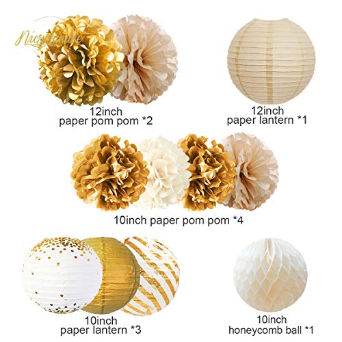 12PCS Gold White Tissue Pom Poms for Vintage Wedding Bridal Shower Baby Shower Backdrop