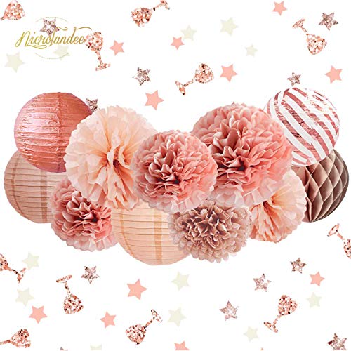 12PCS Rose Gold Tissue Pom Poms Paper Lantern for Wedding Bridal Shower Baby Shower Birthday Party Decorations