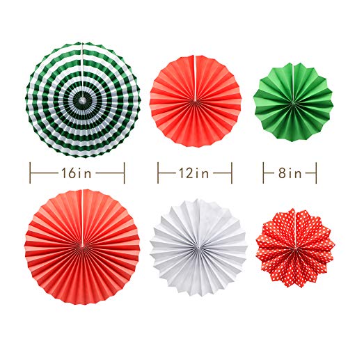 14pcs Red White Green Hanging Paper Pom Poms and Fans Set for Christmas Birthday Wedding
