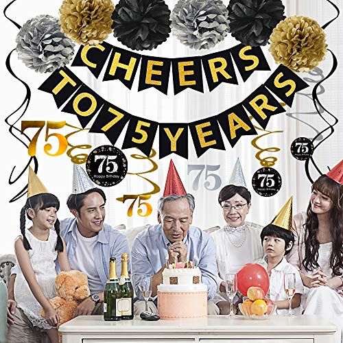 Gold Glittery 75th Birthday Party Decorations Banner