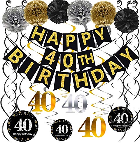 Gold Glittery Happy 40th Birthday Banner for 40th Anniversary Decorations